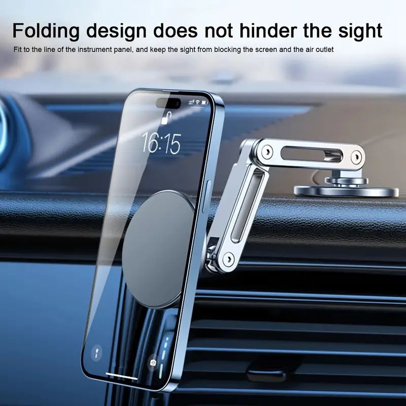 Car Metal Bracket, Foldable Phone Holder Magnetic Suction Mobile Phone Holder with 360 Degree Rotating Aluminum Alloy