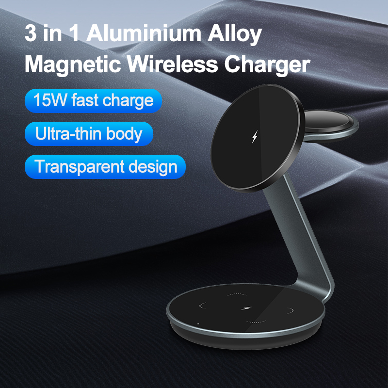 Aluminum Magnetic Wireless Charger Stand Dock Magnetic 15W 3 in 1 Wireless Cell Phone Charging Station