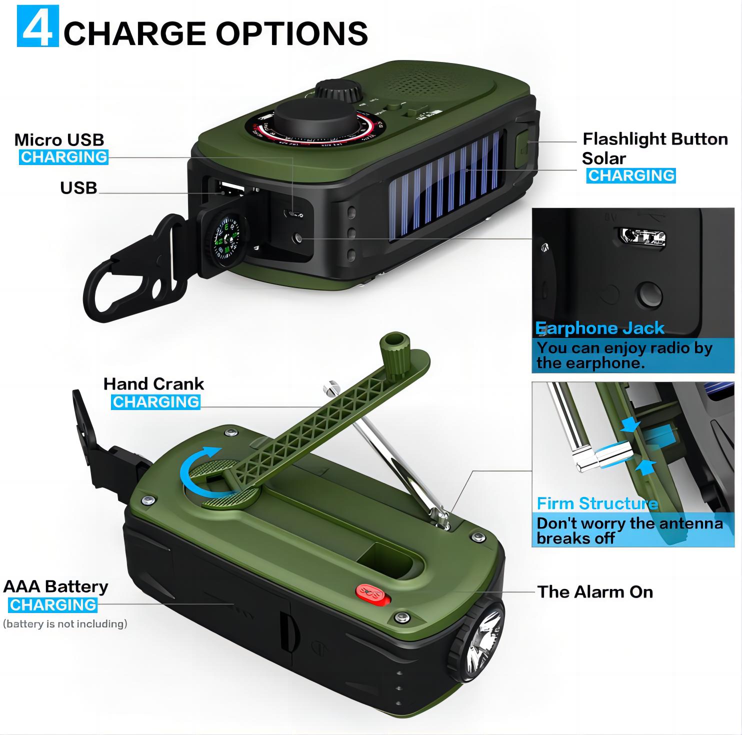 Multi Factory Portable Rechargeable Emergency Solar Hand Crank WB/NOAA Radio with Phone Charger Powerbank and LED Torch FM Radio
