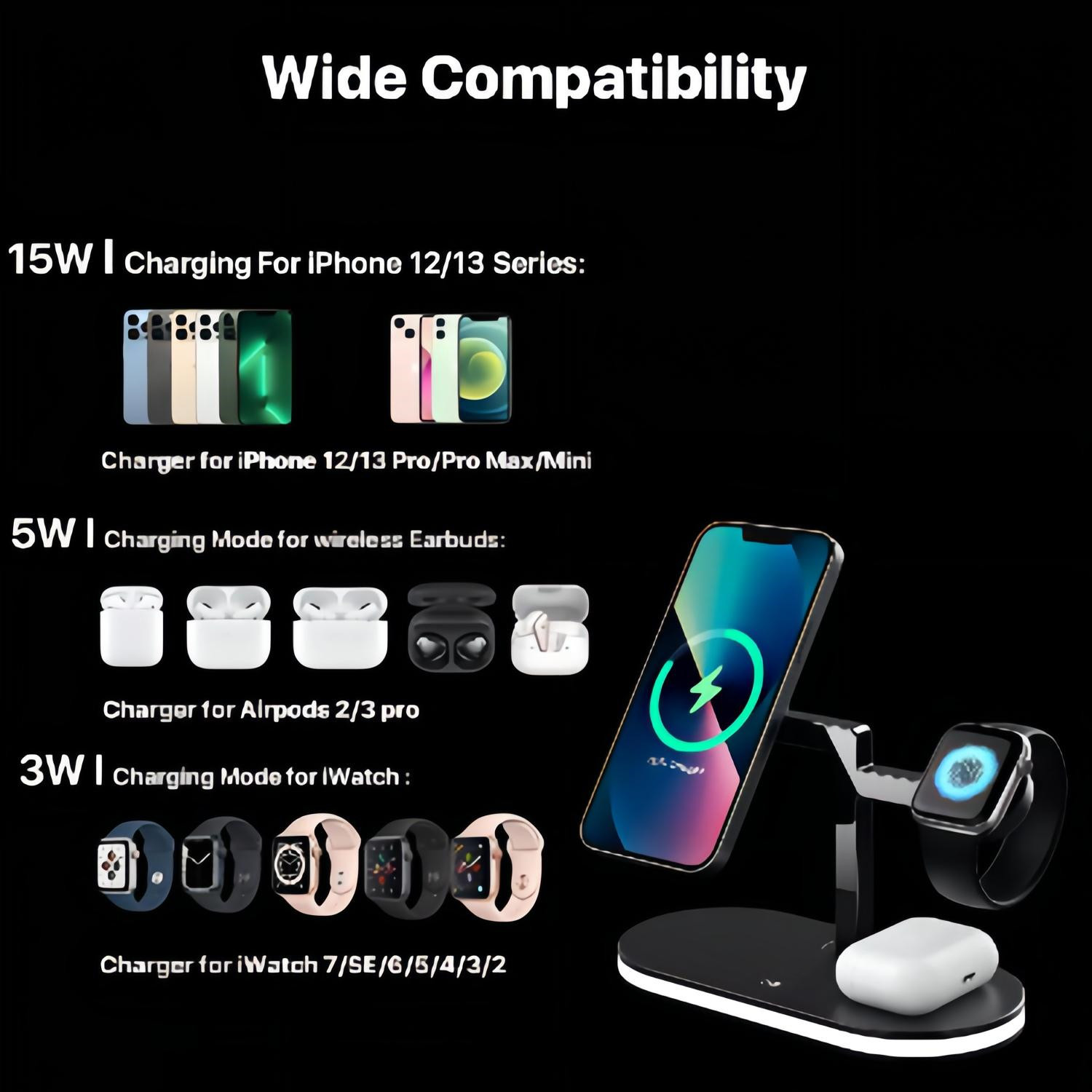 New Design Fast Charging Station 15W Multifunctional Charging Stand Magnetic 5 In 1 Wireless Charger For iPhone 12,13,14