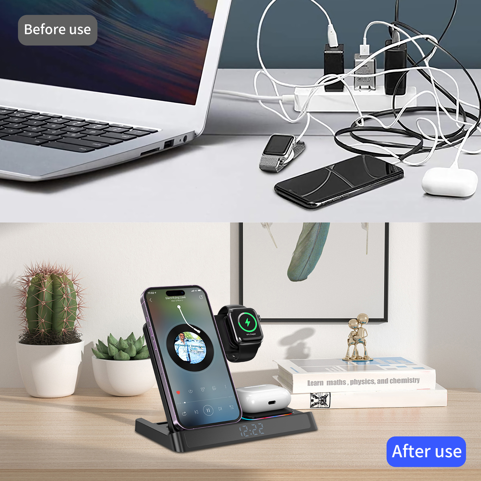 3 In 1 Portable Foldable Fast Charging Mobile Phones Watch with Digital Clock Magnetic Wireless Charger