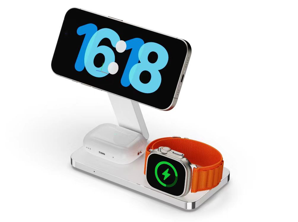 New Aluminum Alloy Magnetic Wireless Charger Stand Up Fast Wireless Charging for iPhone 3 in 1 Wireless Charger Station