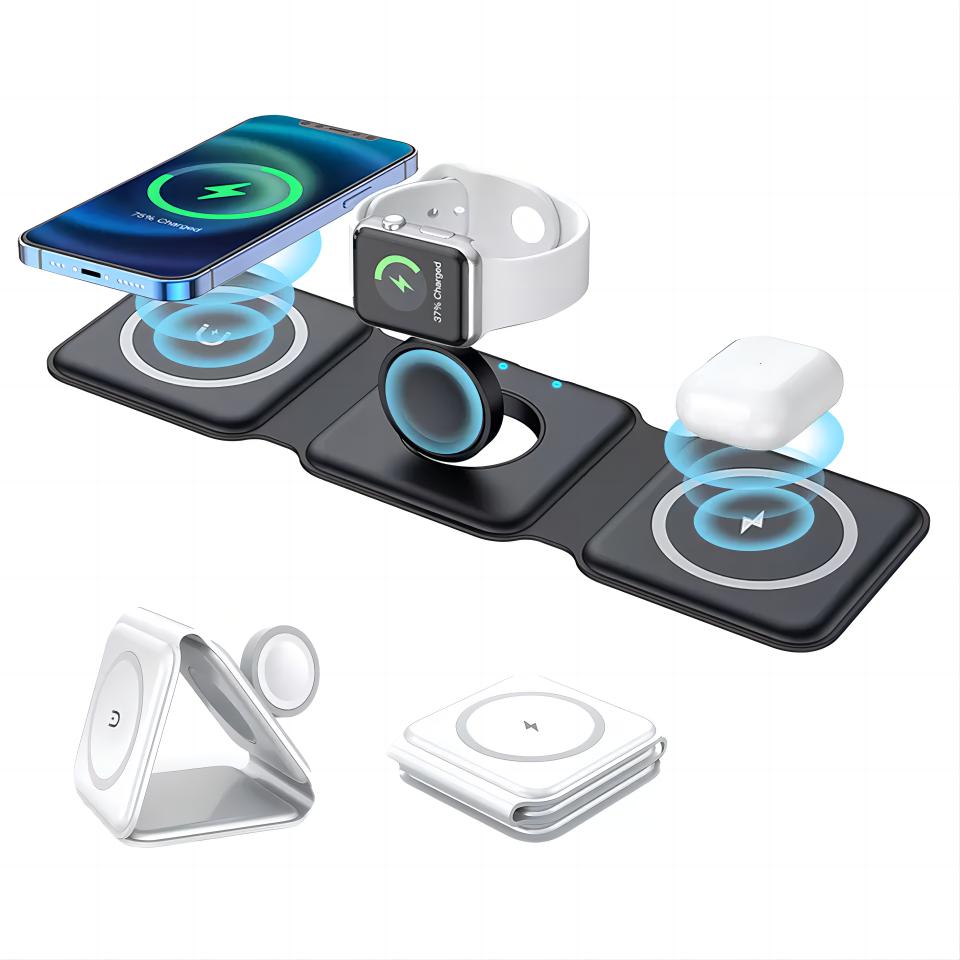 Smart 3 in 1 Wireless Magnetic Foldable Charging Station Stand 15W Fast Wireless Charging Pad for iPhone AirPods Apple Watch