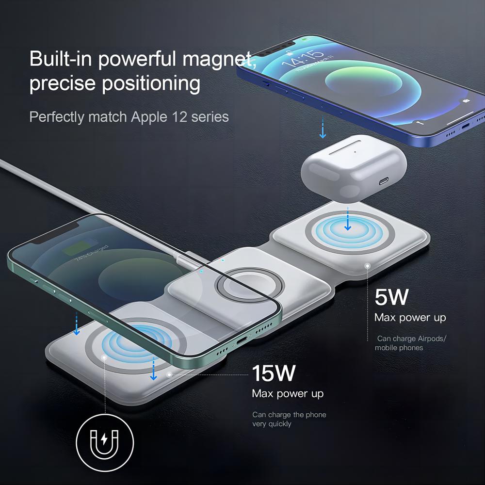 Smart 3 in 1 Wireless Magnetic Foldable Charging Station Stand 15W Fast Wireless Charging Pad for iPhone AirPods Apple Watch