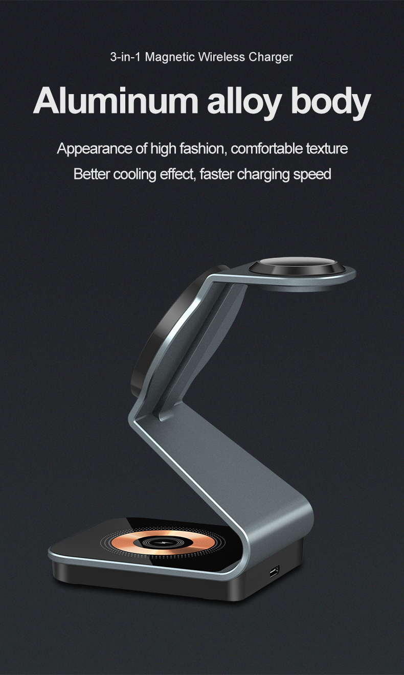 Factory Direct New Metal Transparent 3 in 1 Wireless Charger Station Multifunctional 15W Magnetic Wireless Charger Stand Holder
