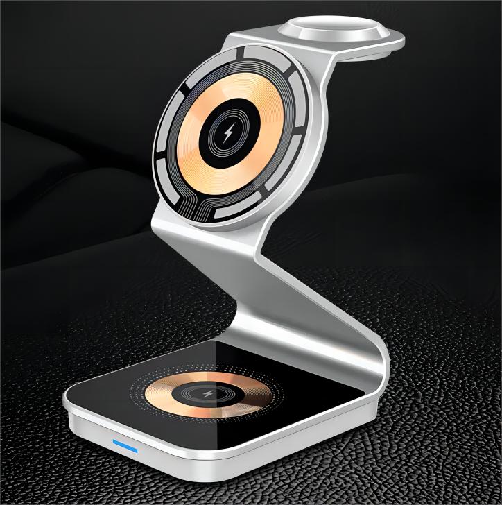 New Luxury Transparent Aluminum Alloy Desktop Magnetic Charging Stand 15W 3 in 1 Wireless Charger for iWatch Phone and Airpods