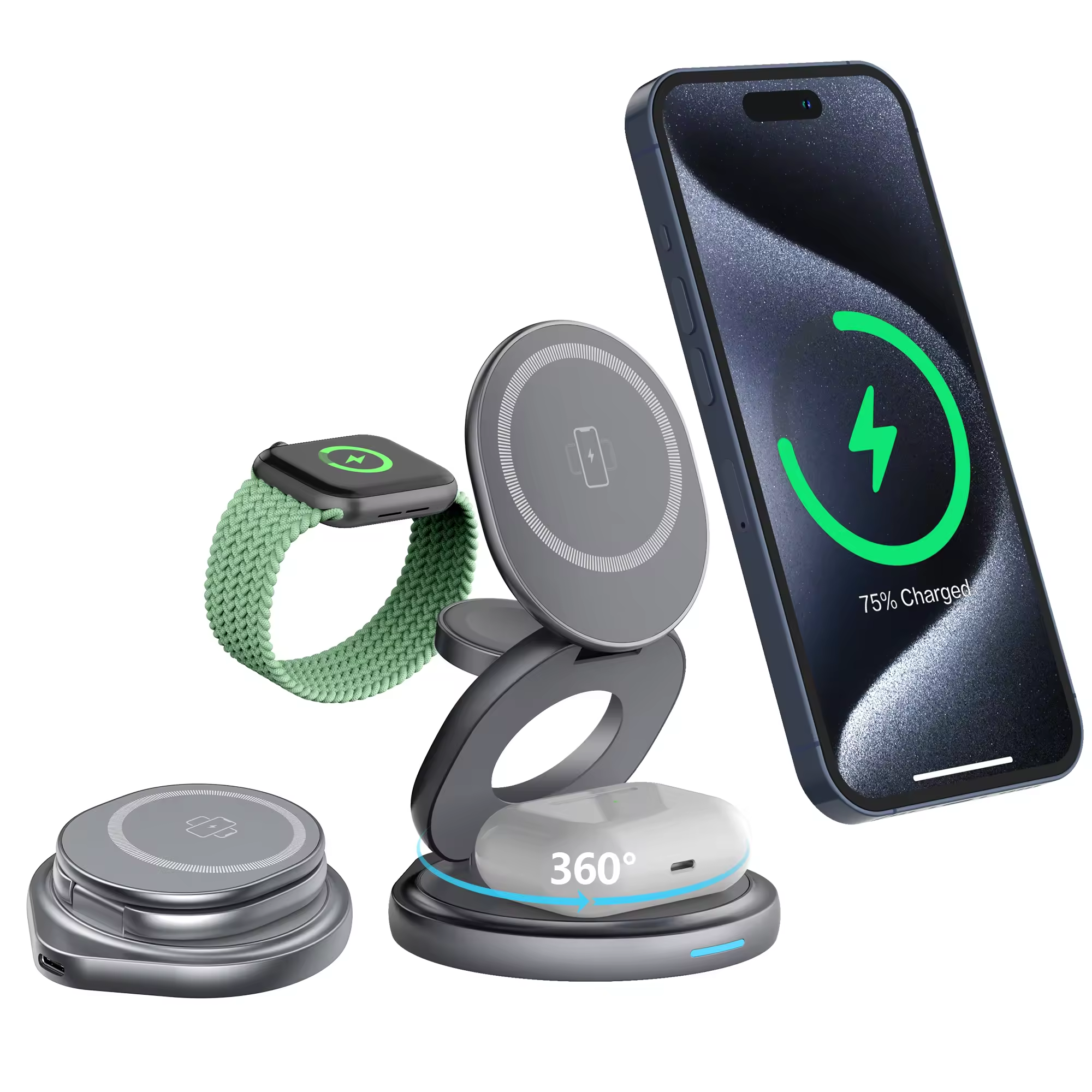 Zinc Alloy Foldable Charging Station 360 Flexible Rotation Desktop Magnetic 3in1 Wireless Charger Mobile Phone Holder