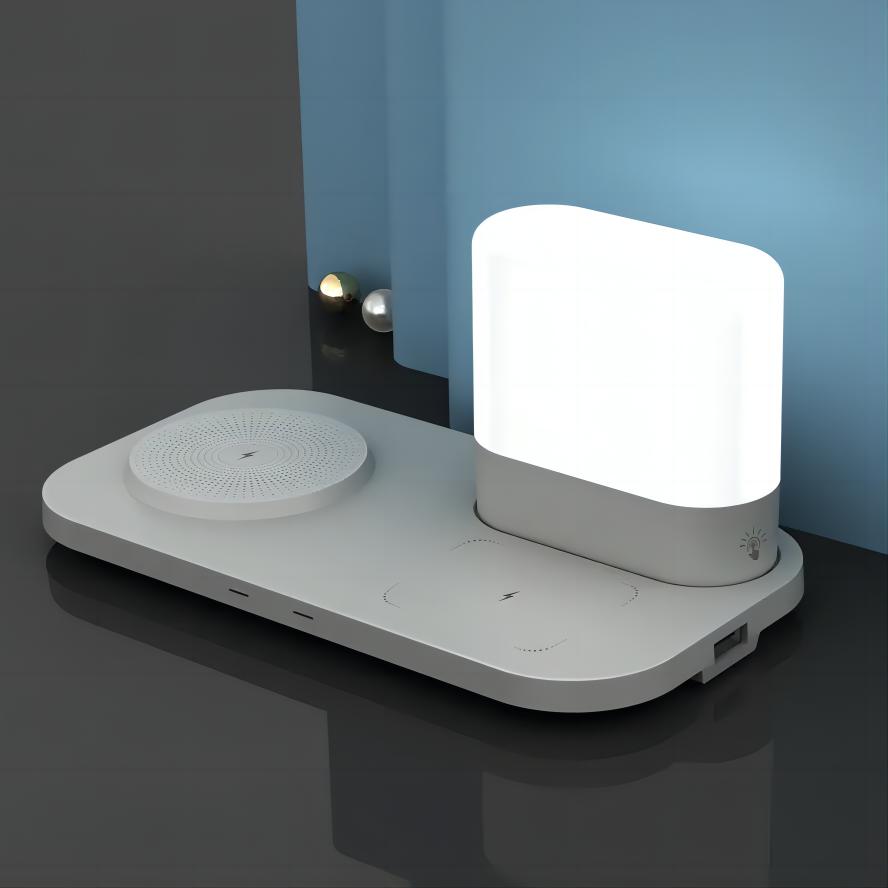 Multi Hot Selling Desktop Wireless Charging Stand with Adjustment Table Lamp for Mobile Phones and Earphones