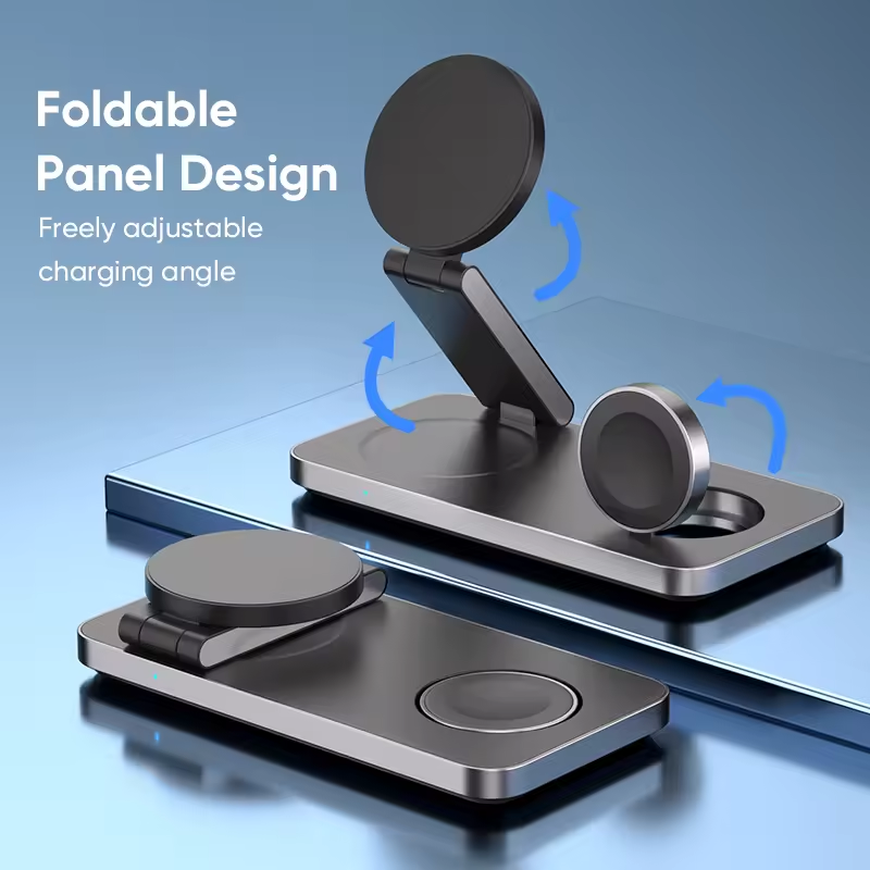 New Aluminum Alloy Magnetic Wireless Charger Stand Up Fast Wireless Charging for iPhone 3 in 1 Wireless Charger Station