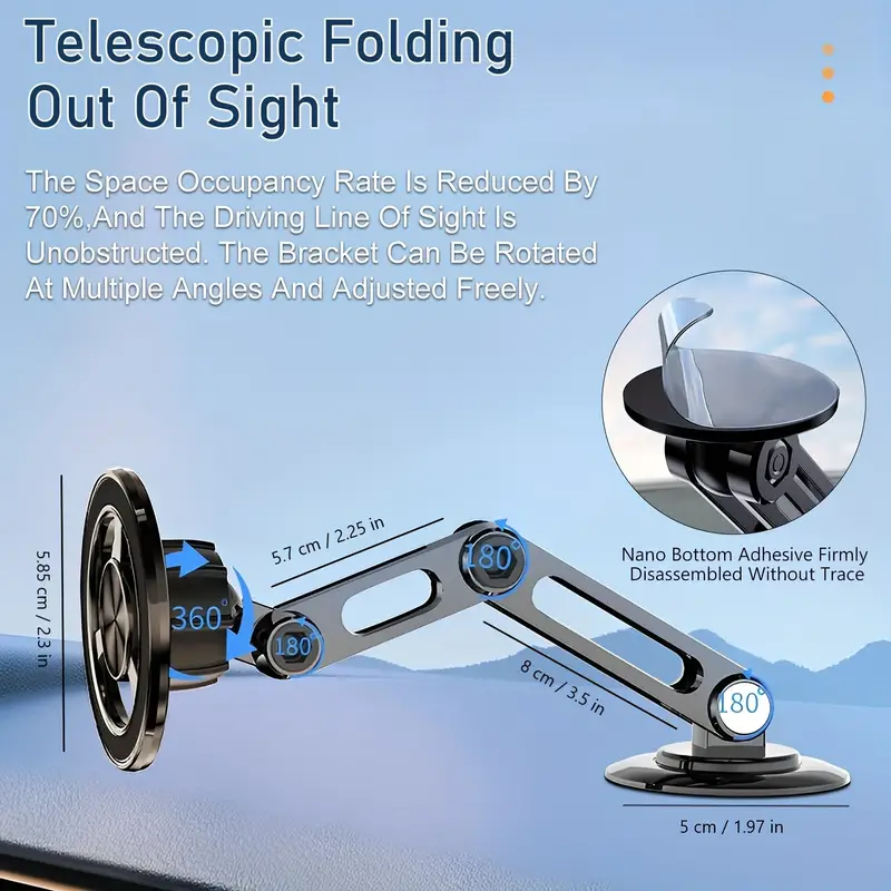 Aluminum Alloy Magnetic Car Phone Holder, Anti-Shake Telescopic Folding Phone Stand 360 Rotation Adjustable Navigation Bracket