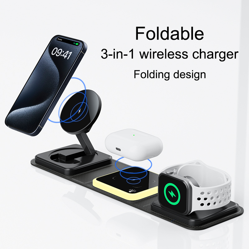 New Portable fold 3 in 1 wireless magnetic phone charger stand foldable 15W wireless fast charging with Leather and Night lamp