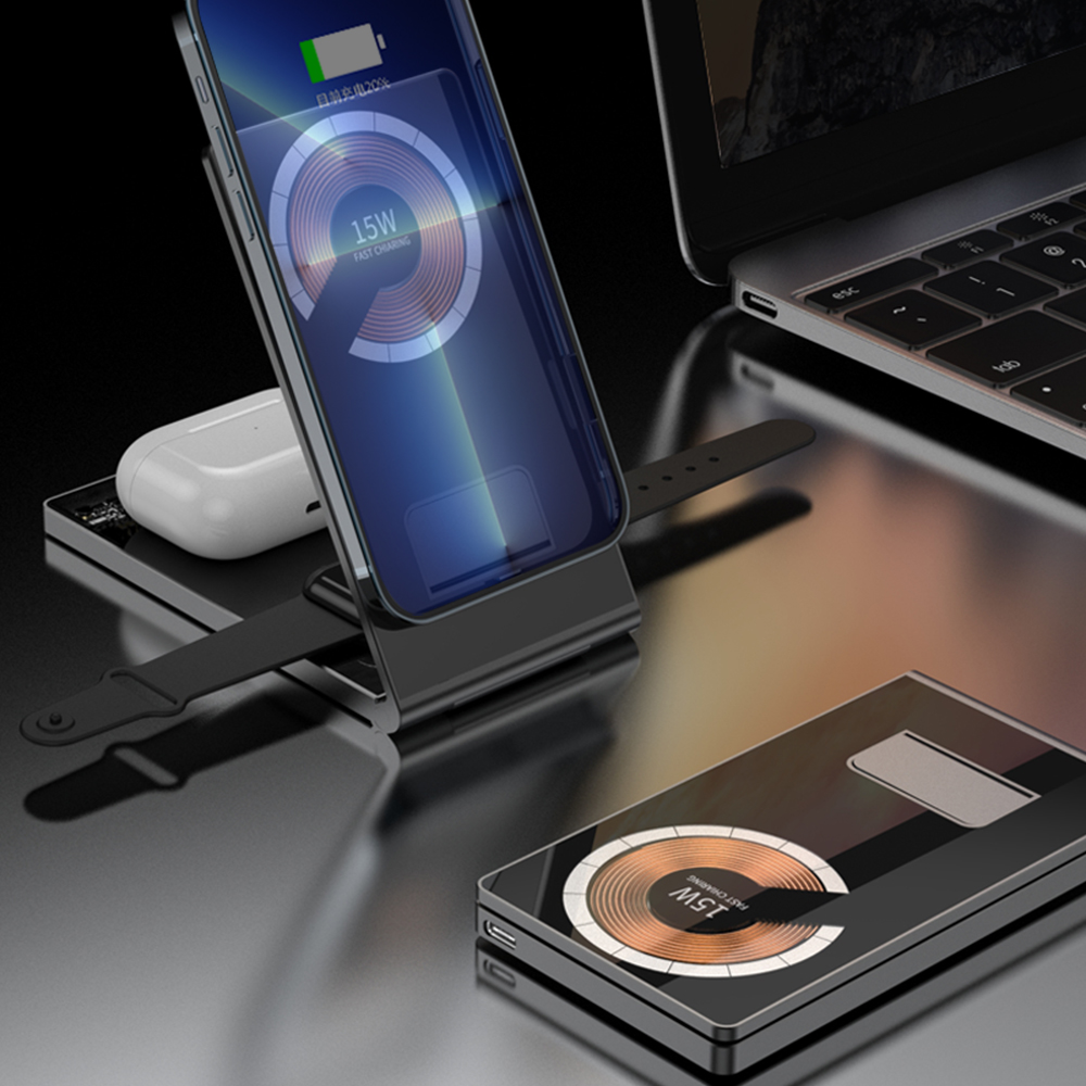 Desktop Foldable 4 In 1 Ultra-slim Transparent 15W Wireless Fast Charging Holder Stand Dock for Cell Phone Watch