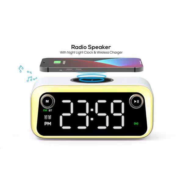 New Bluetooth Multi Wireless Charging Night Light LED Lamp Alarm Clock with FM Radio and Wireless Charger Bluetooth Speaker