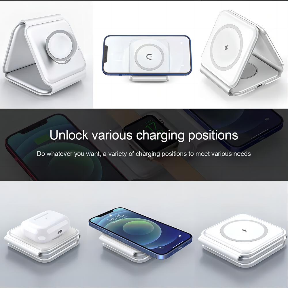 Smart 3 in 1 magnetic travel foldable wireless charger station 15W fast Magnetic charging pad