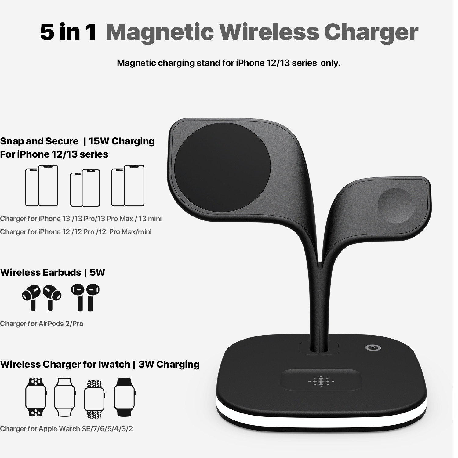 5 in 1 smart 15W magnetic multi charging station,fast wireless charging stand holder for iphone,airpods,iwatch