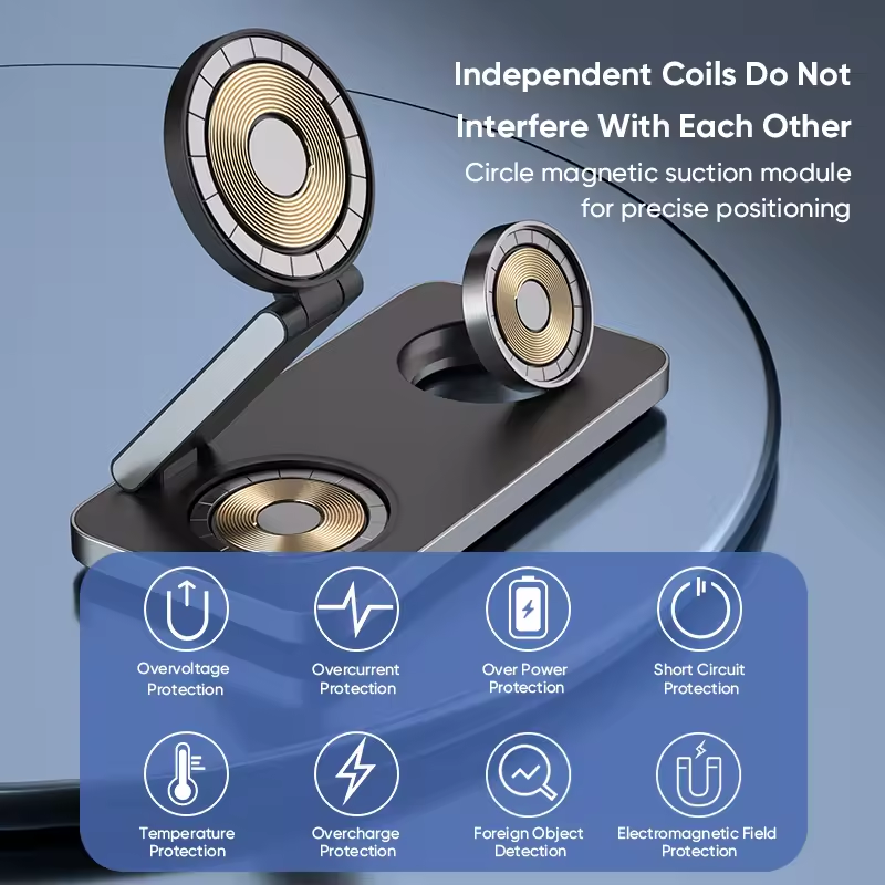 3in1 Folding Aluminum Wireless Charger Portable Magnetic 15W Fast Wireless Charging Pad for iPhone iWatch etc