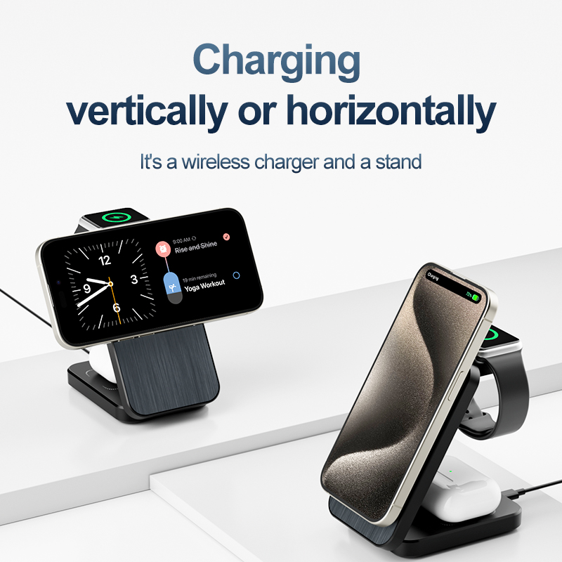 Aluminum magnetic wireless charger stand folding charging dock Magnetic 15W three in one foldable wireless charging