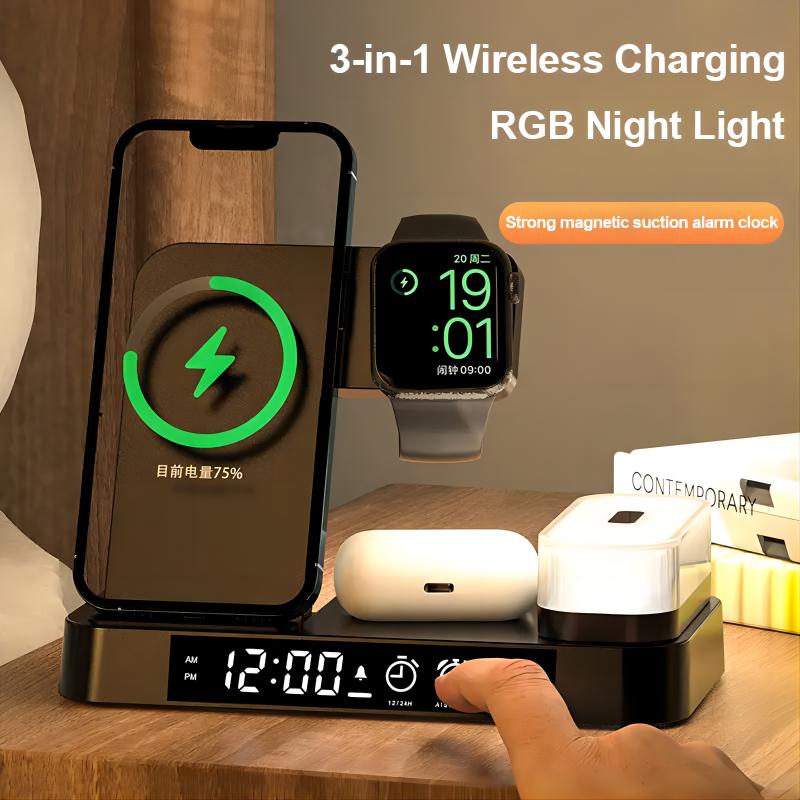 Trending Products Foldable Wireless Charger Station Led Night Light Time Display Digital 15W Wireless Charger with Alarm Clock