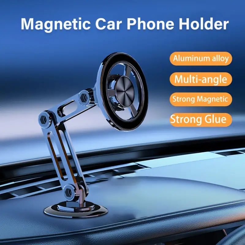 Aluminum Alloy Magnetic Car Phone Holder, Anti-Shake Telescopic Folding Phone Stand 360 Rotation Adjustable Navigation Bracket