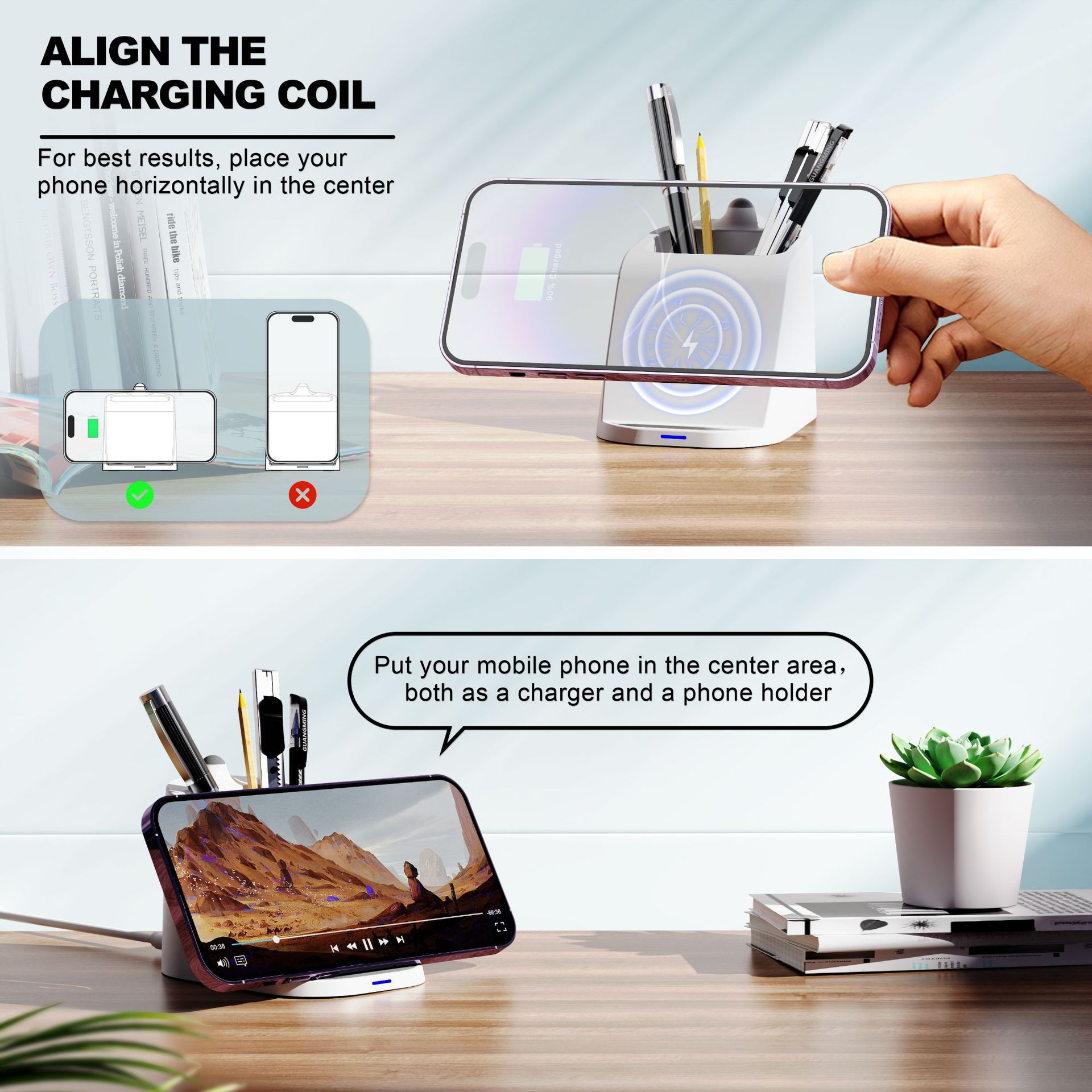 2 in 1 Creative 15W Pen Holder with Wireless Charger Multifunctional Wireless Charging Stand