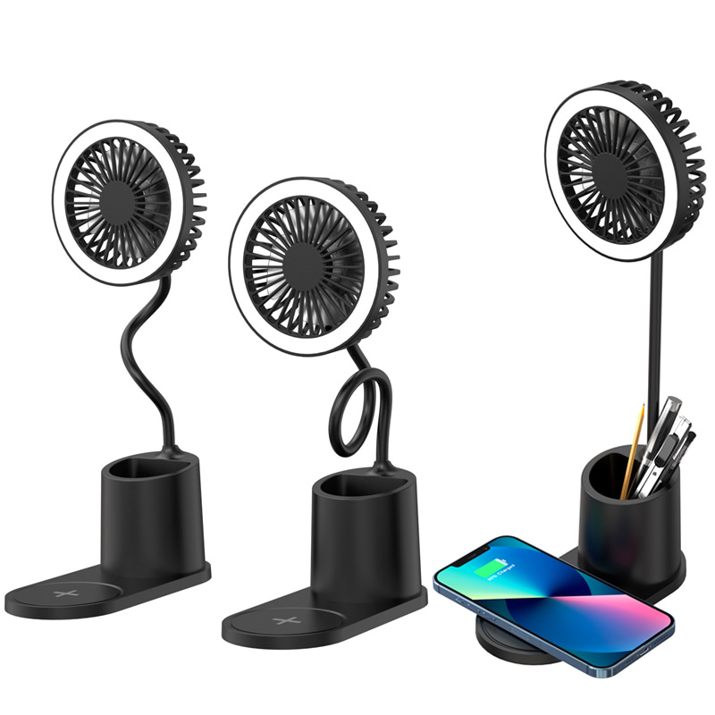 OEM 4 in 1 usb table mini fan mobile phone 15W wireless charging desktop USB charging fan LED desk lamp