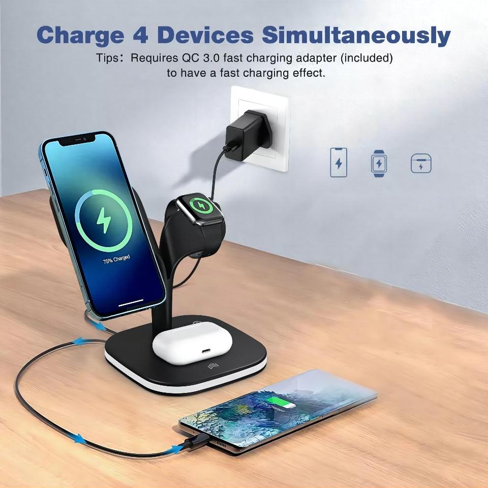 Top 100 Popular Multifunctional 5 in 1 Magnetic Wireless Charger Fast Desktop Stand Dock Station Charging Stand with Lamp