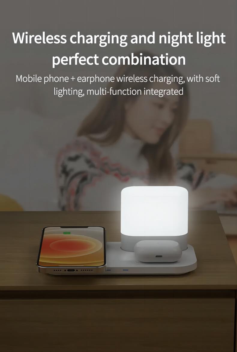 Multi Hot Selling Desktop Wireless Charging Stand with Adjustment Table Lamp for Mobile Phones and Earphones