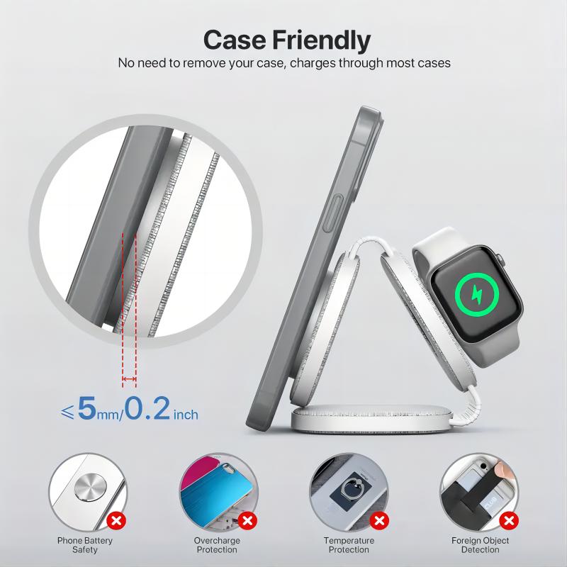 Fabric Unique Product 3 in 1 Wireless Charger Stand Folding Charging Dock 15W Charging Station for Multiple Device