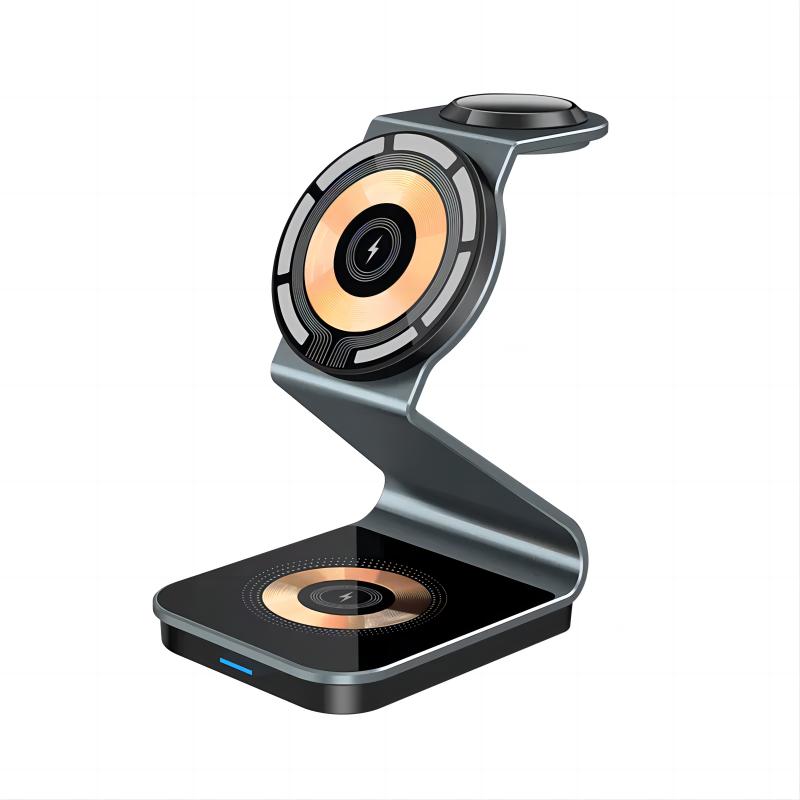 Luxury Transparent Metal Desktop Magnetic 3in1 Wireless Charger Fast Charging Station for Watch and Mobile Phone