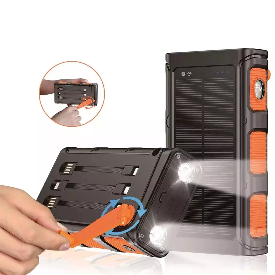 Hottest Factory Hand Crank Generator Portable Solar Dynamo Power Bank 30000 mah with LED Flashlight and Compass without battery