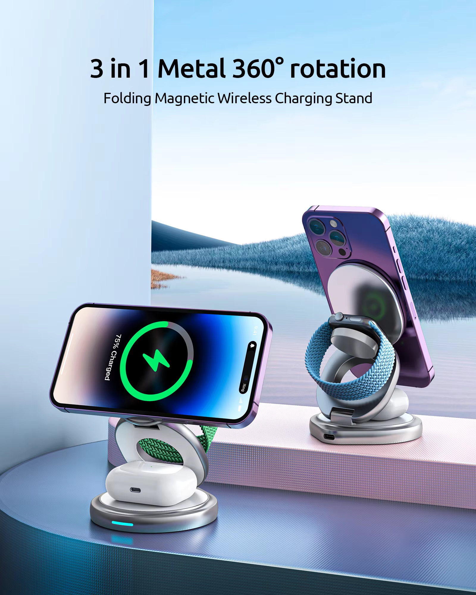 Zinc Alloy Fast Charging Magnetic 15W Foldable Charging Dock 4 in 1 Wireless Charger Stand Station for Iphone 11 12 13 Watch