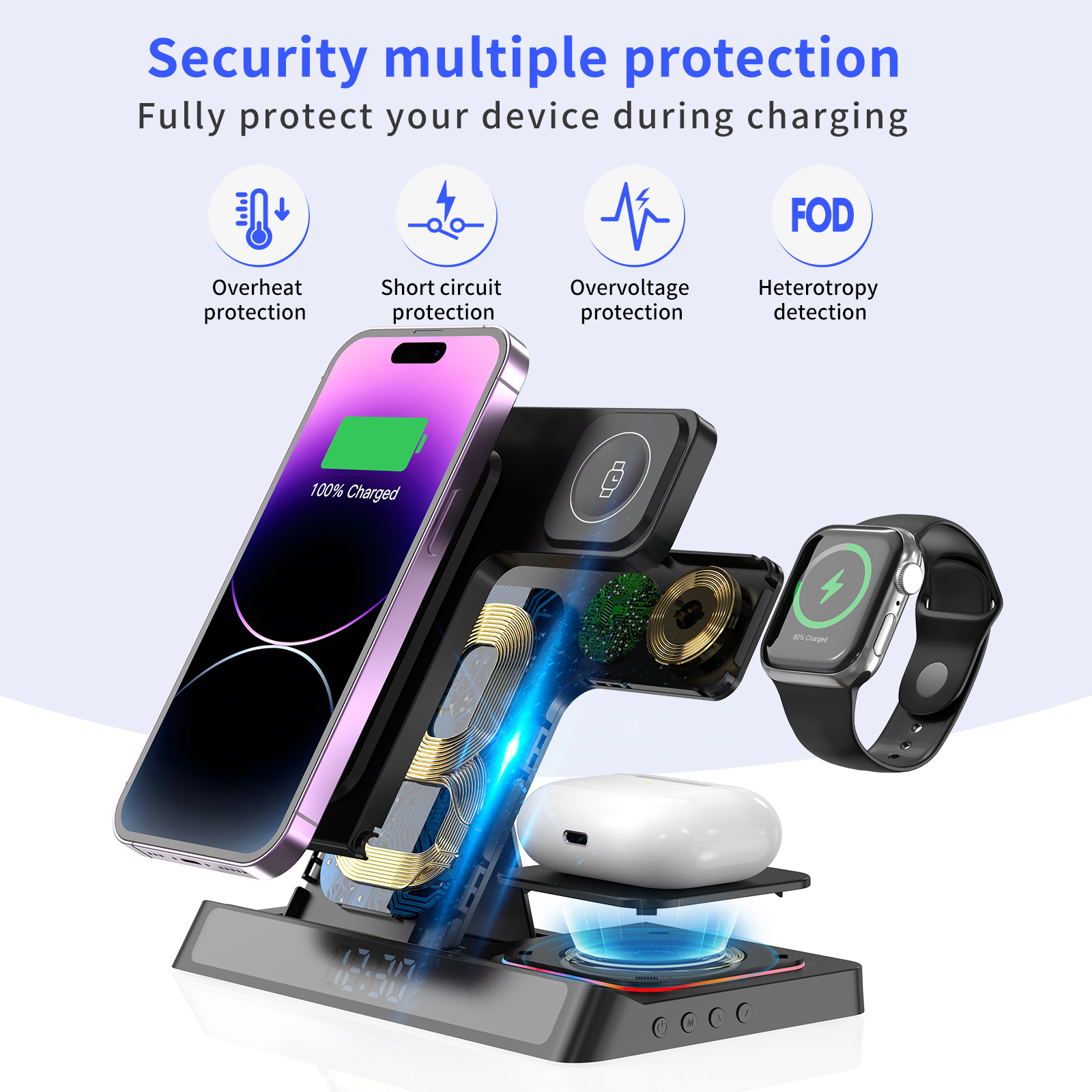 3 In 1 Portable Foldable Fast Charging Mobile Phones Watch with Digital Clock Magnetic Wireless Charger