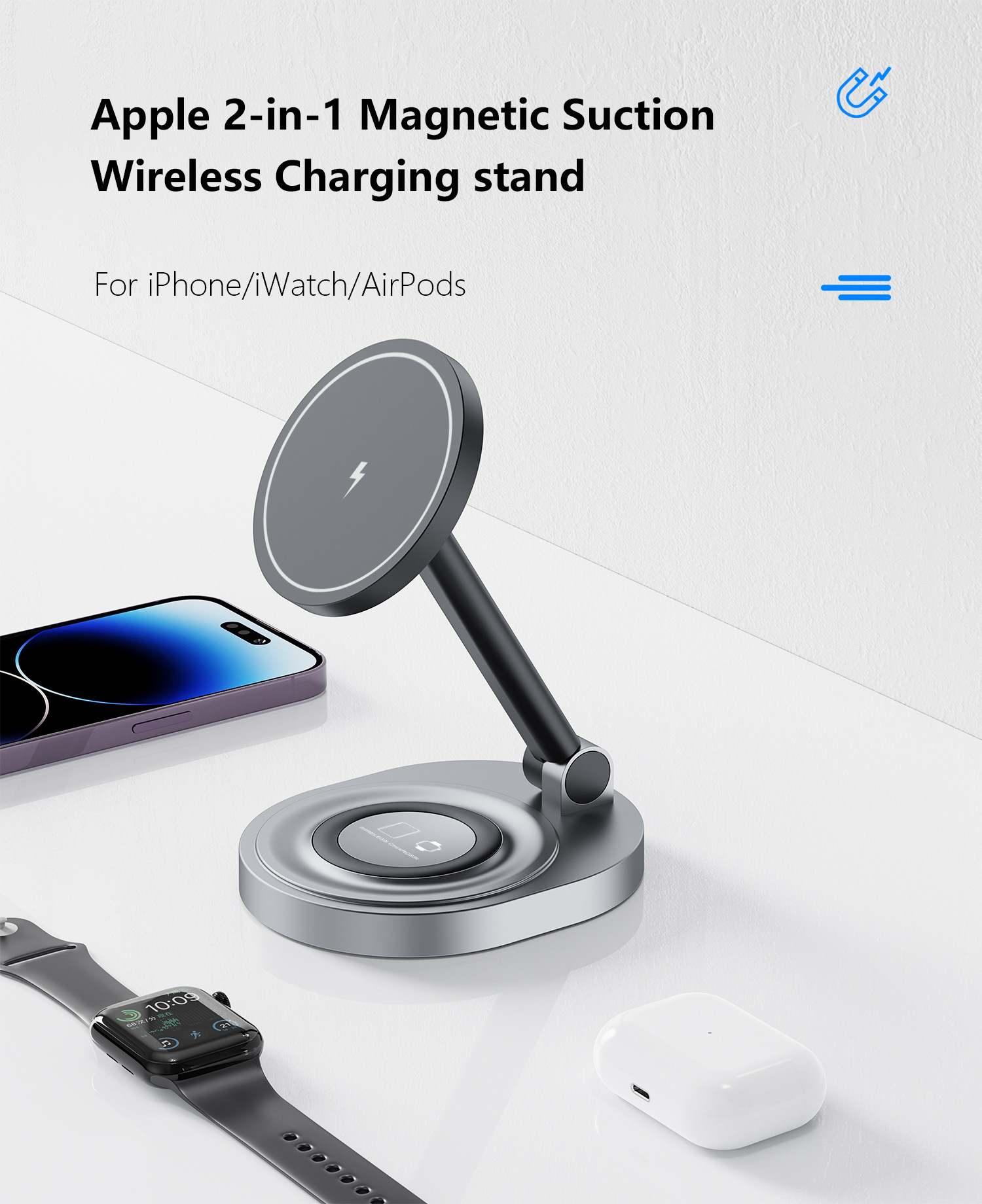 15W Fast Wireless Charger Stand for iPhone 15/14/13 Apple Watch 3 in 1 Foldable Charging Dock Station for Airpods Pro iWatch