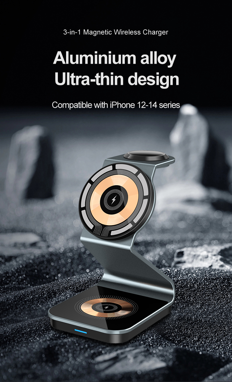Luxury Transparent Metal Desktop Magnetic 3in1 Wireless Charger Fast Charging Station for Watch and Mobile Phone