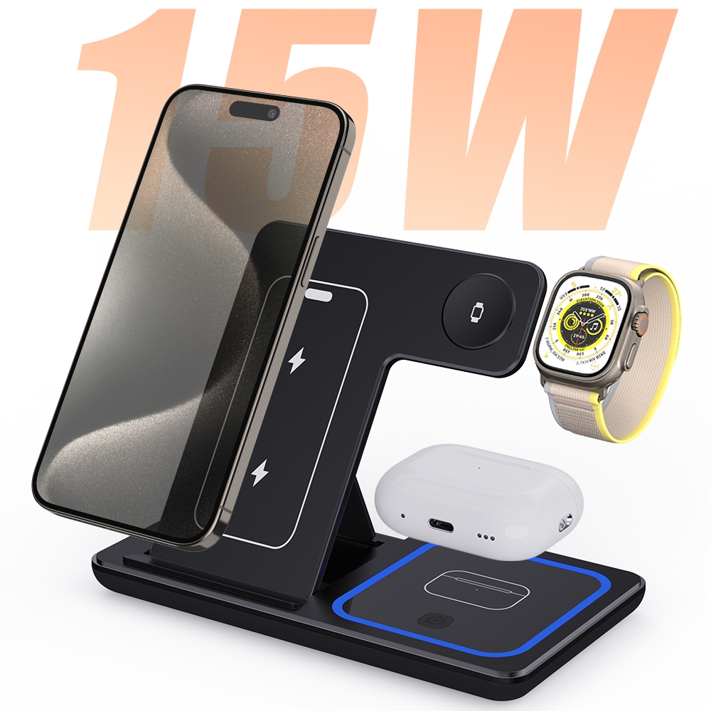 Foldable 15W 3 in 1 Wireless Charger for iPhone Airpods Charging Stand Smart Watch and Mobile Phone