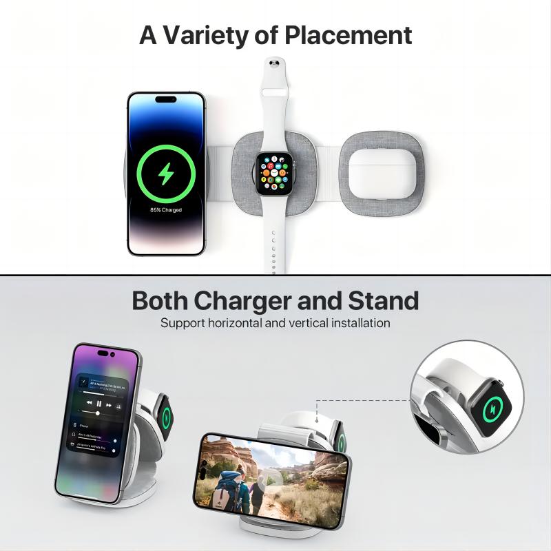 15W Newest Fabric Magnetic Portable 4 in 1 Fast 3in1 Wireless Charger Holder Foldable 3 in 1 one Wireless Charger Stand