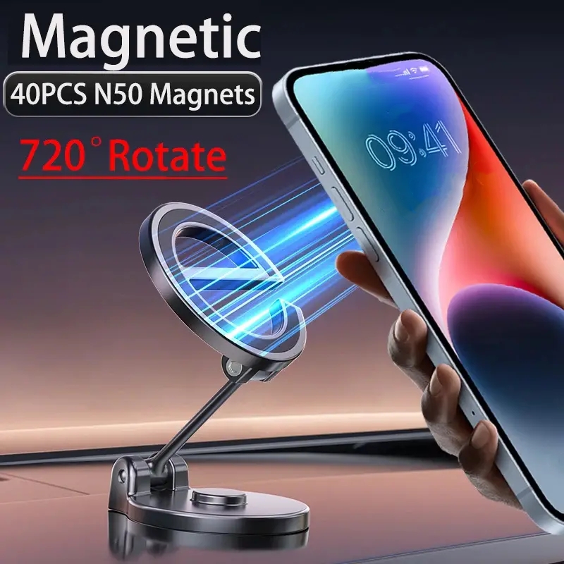 Aluminum Strong Magnet 720 Degree Mini Car Mobile Phone Mount Magnetic Dashboard Phone Holder for iPhone Foldable Black