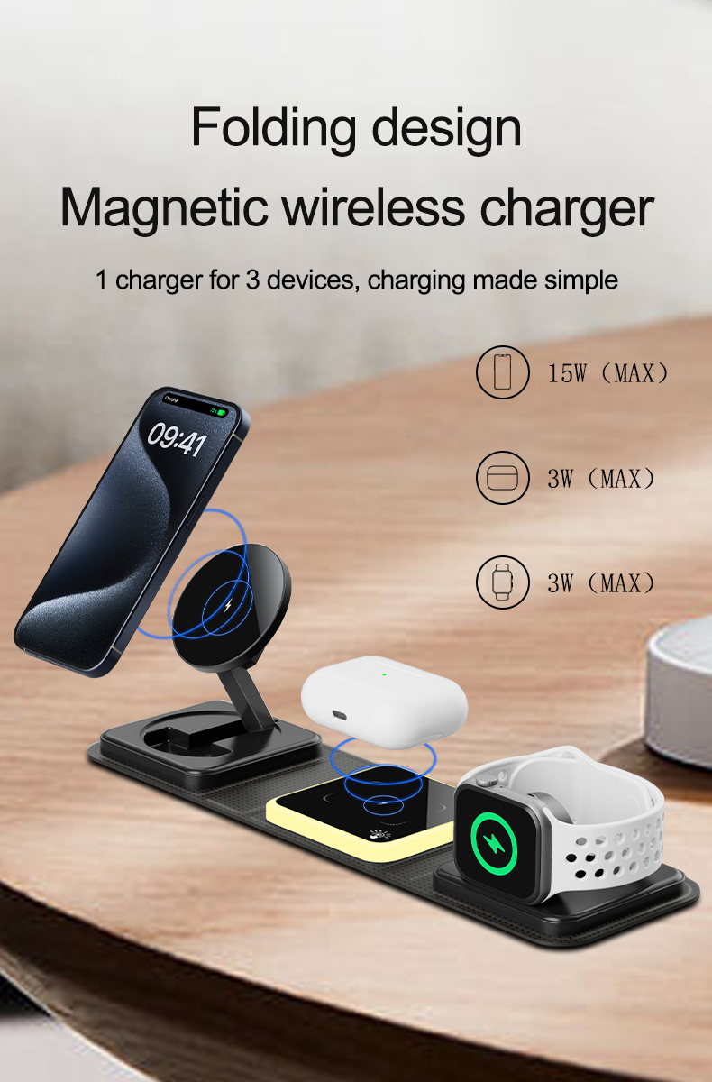 Leather 3 in 1 Wireless Charger 15W Fast Charging Folding Portable Magnetic Charger for iPhone for iWatch for Airpod