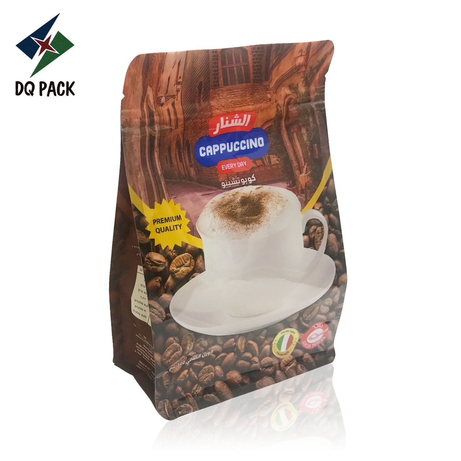 DQ PACK Food Grade Plastic Material With Custom Printed Coffee Powder Flat Bottom Packaging Bag With Zipper