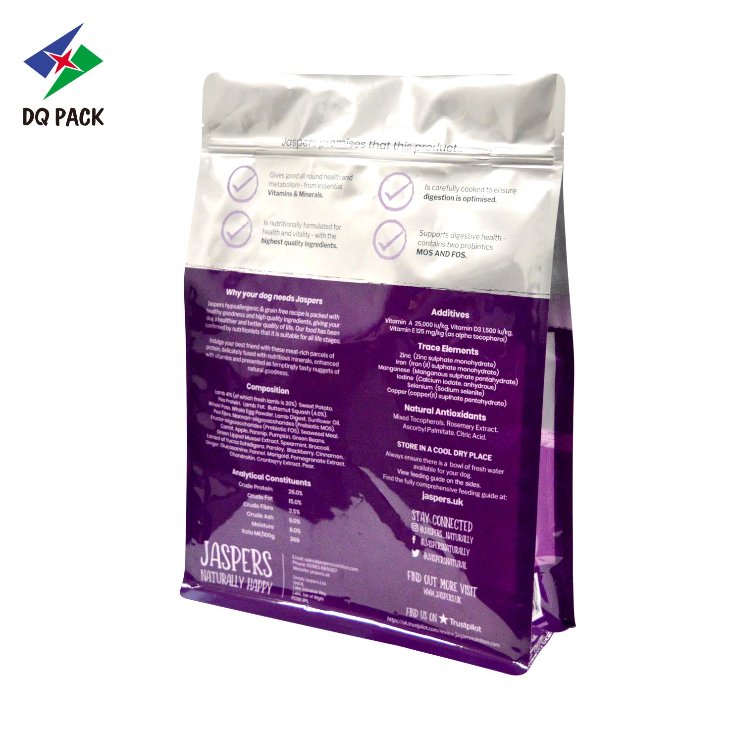 DQ PACK Custom Printed Plastic flat bottom pouch zipper bag for snack tea powder pet dog cat food packaging