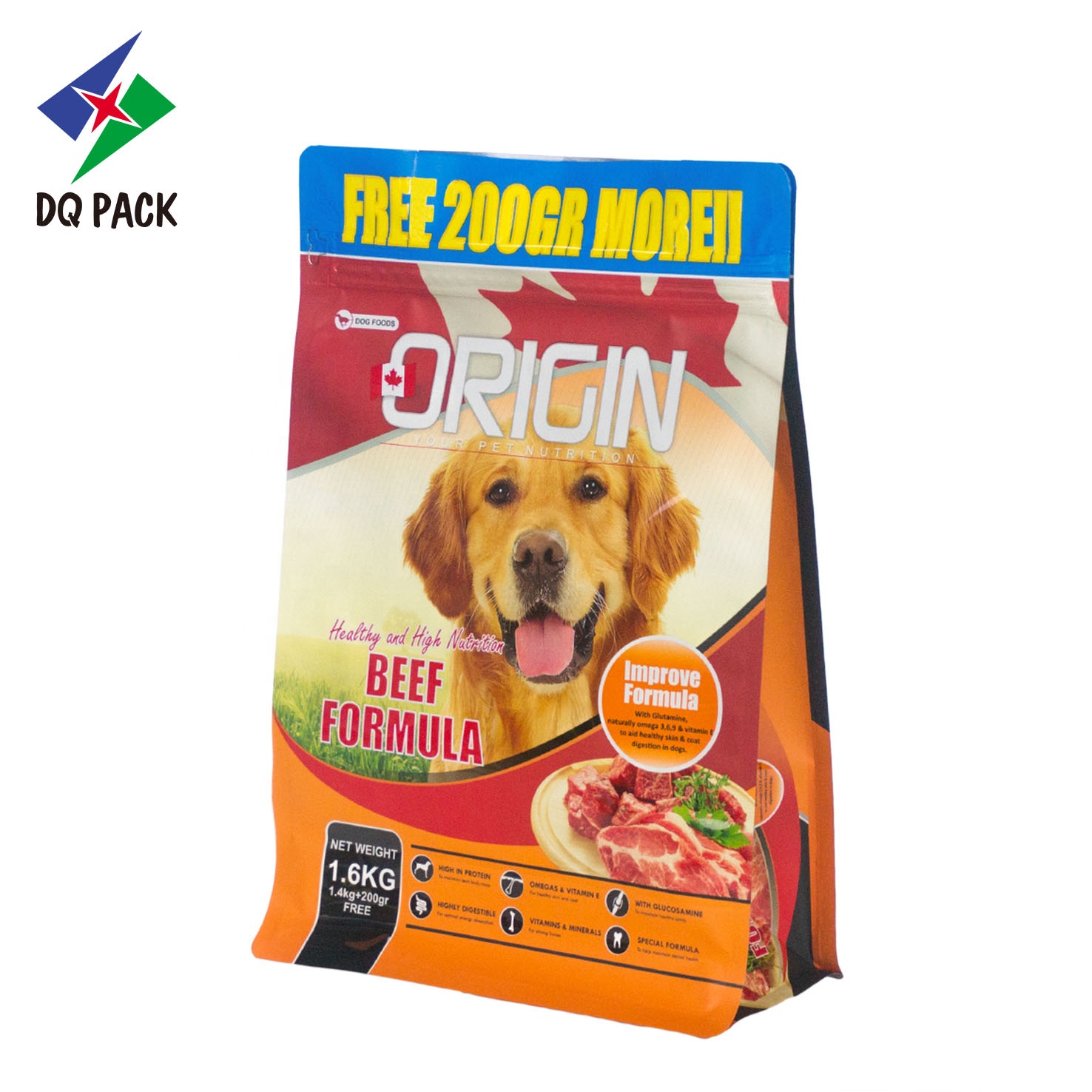 Custom Aluminum Foil Flat bottom side gusset /plastic dog pet food packaging bag quad seal bag