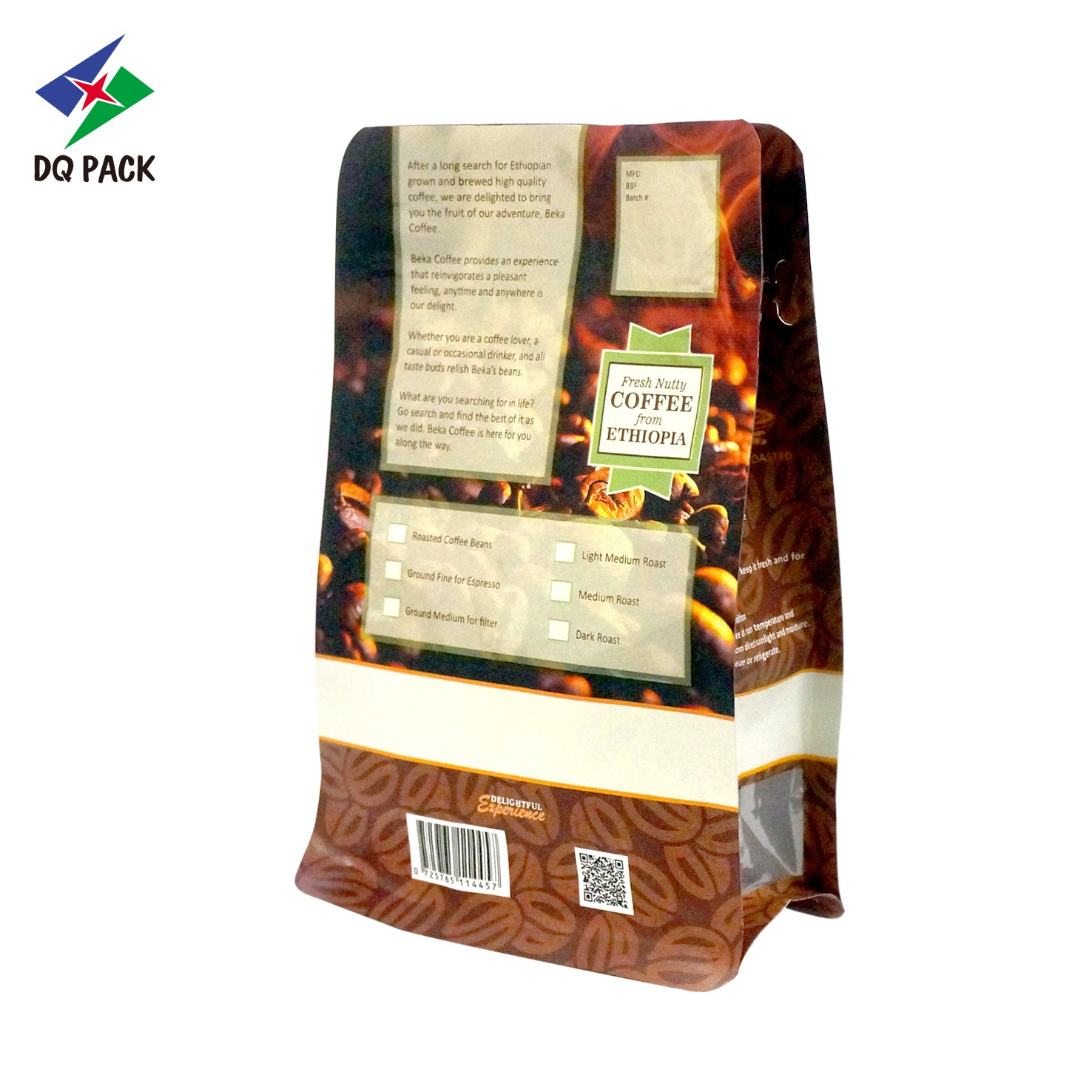 DQ PACK Wholesale Eco-friendly Food Grade Flat Bottom Pouch Doypack With Zipper for Coffee Bean Packaging