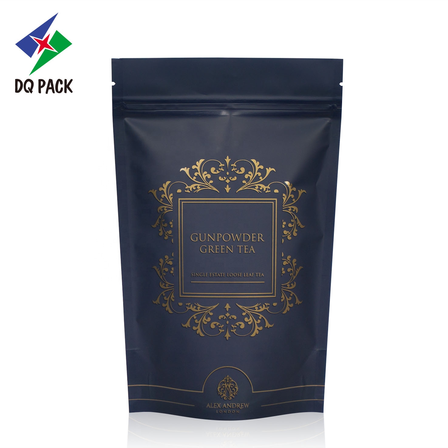DQ PACK Matte Finish Printing Green Leaf Tea Packing Bag Stand Up Pouch With Zipper