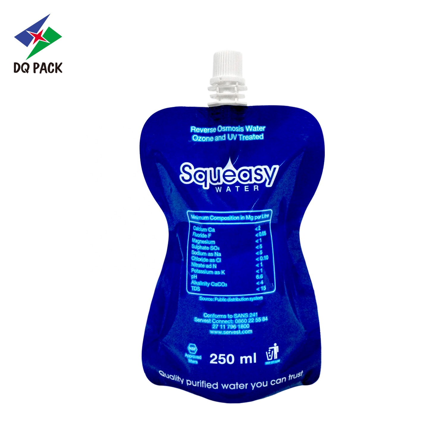 DQ PACK Customized Printing Plastic Stand Up Spout Pouch For Water Packaging 250ML Liquid Poly Bag