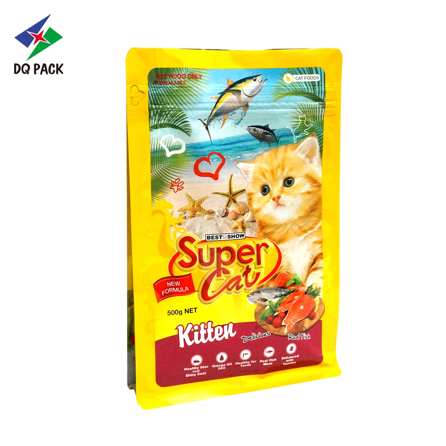 DQ PACK China Supplier Resealable Flat Bottom Pouch Bag Doypack with zipper for Pet Cat Food Packaging