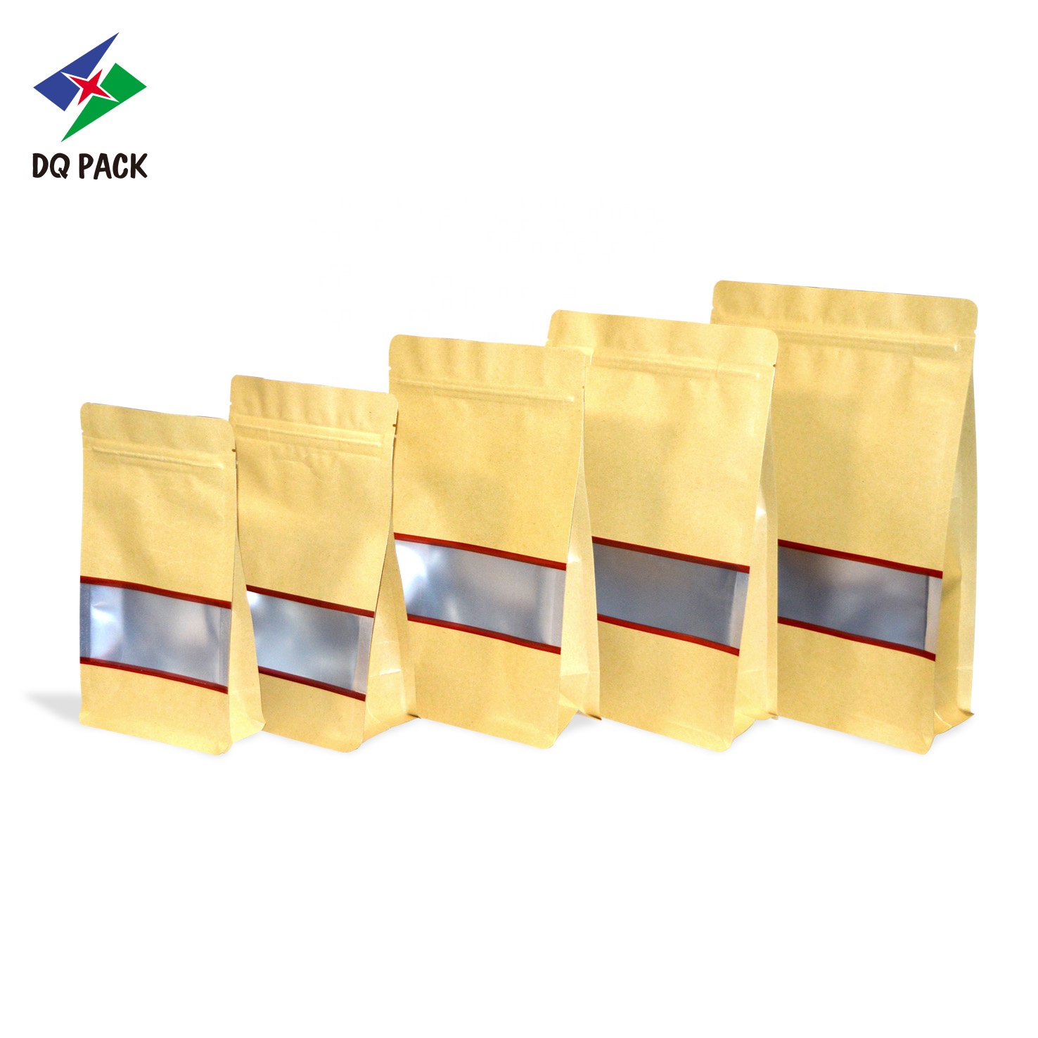 DQ PACK Wholesale Low MOQ Flat Bottom Kraft Paper Bag Doypack with zipper for Food Nut Snack Packing