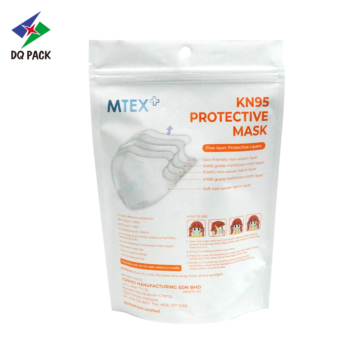 DQ PACK Customized facial N95 plastic bag  Protective pouch packing bag with zipper doypack