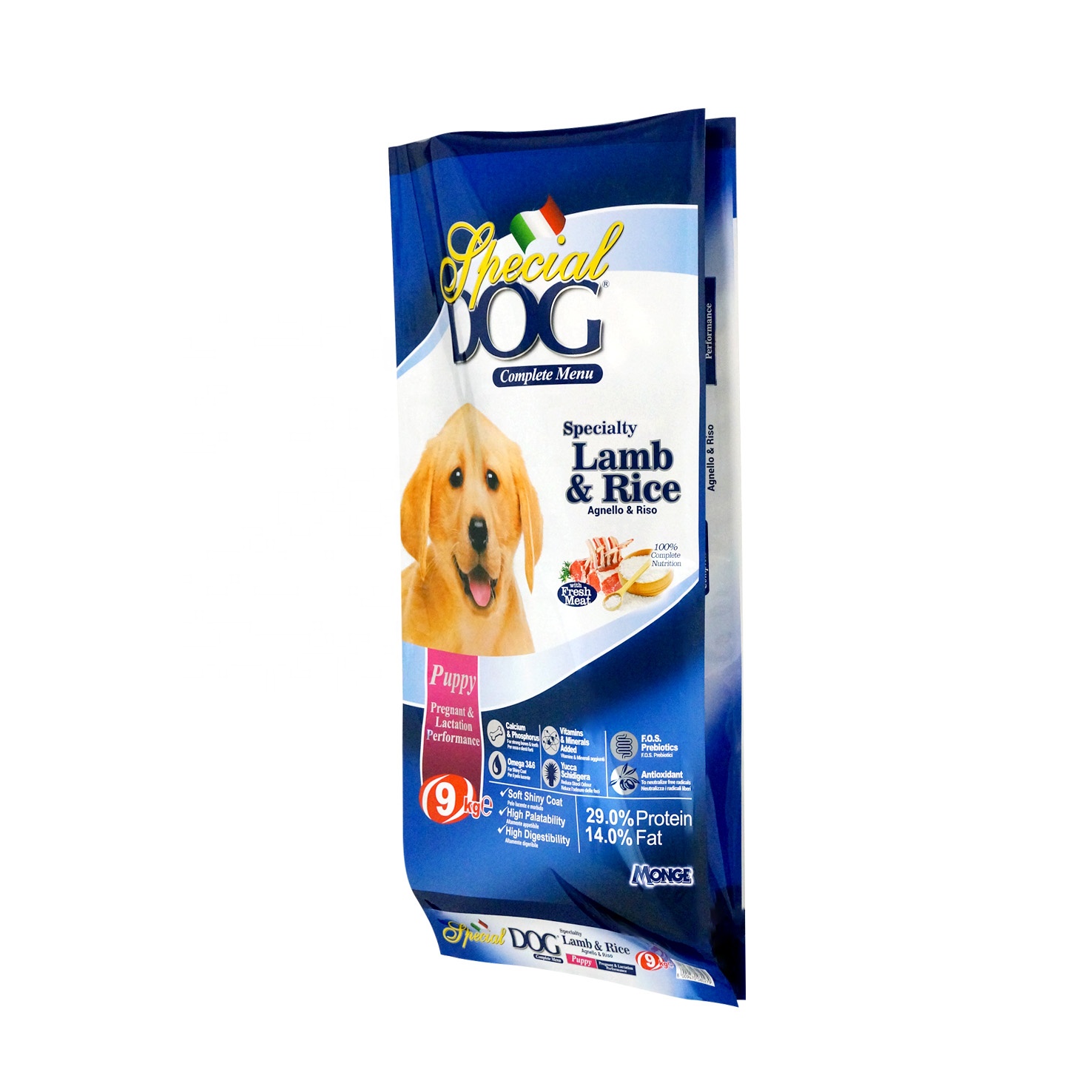 Gravure printing PET/VMPET/PE Accept 9KG pet food bag 4 side seal bag food pouch packaging bag
