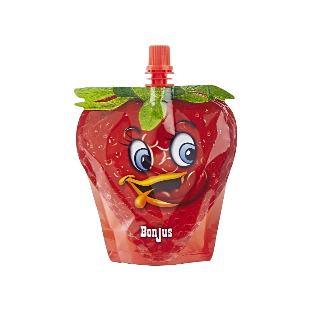 China suppliers custom printed fruit shape juice packaging bag with spout