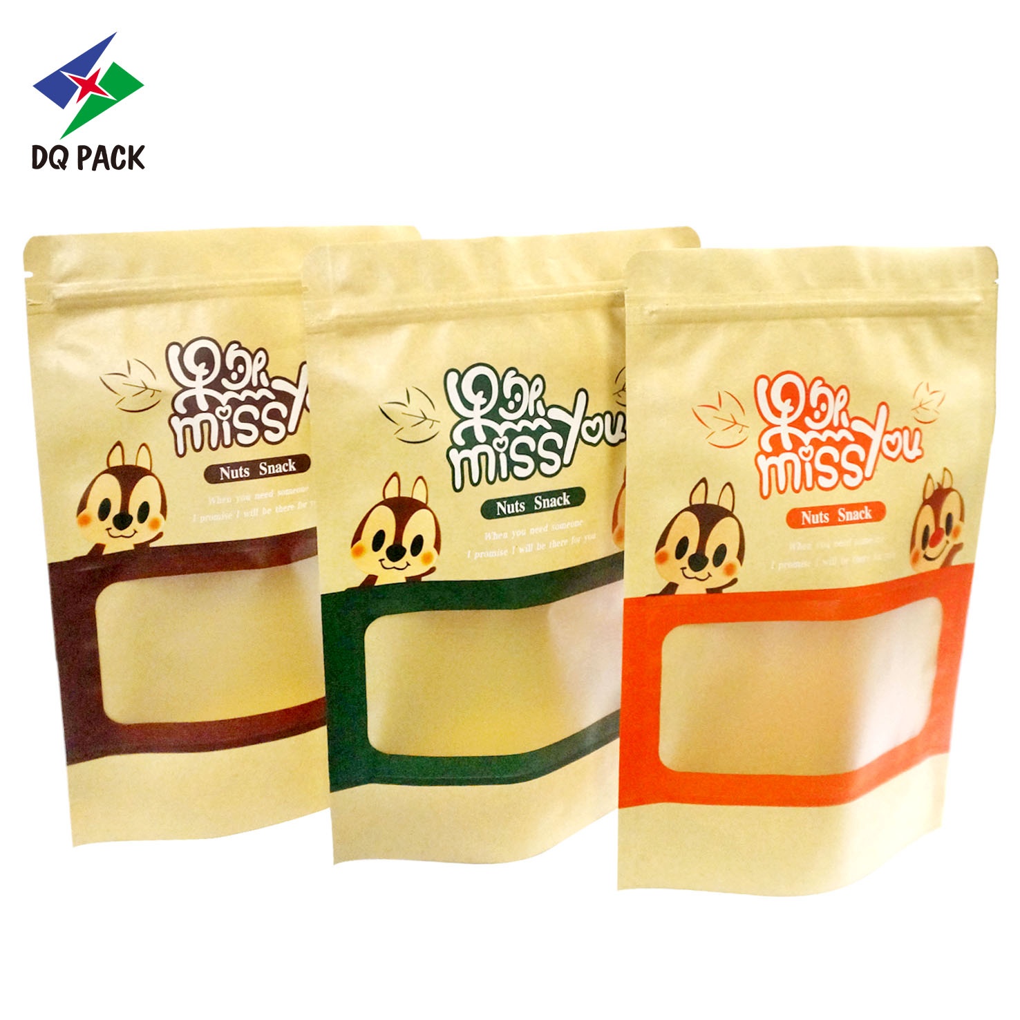 DQ PACK Customized Printing Kraft Paper Bag With Window Snacks Zipper Pouch